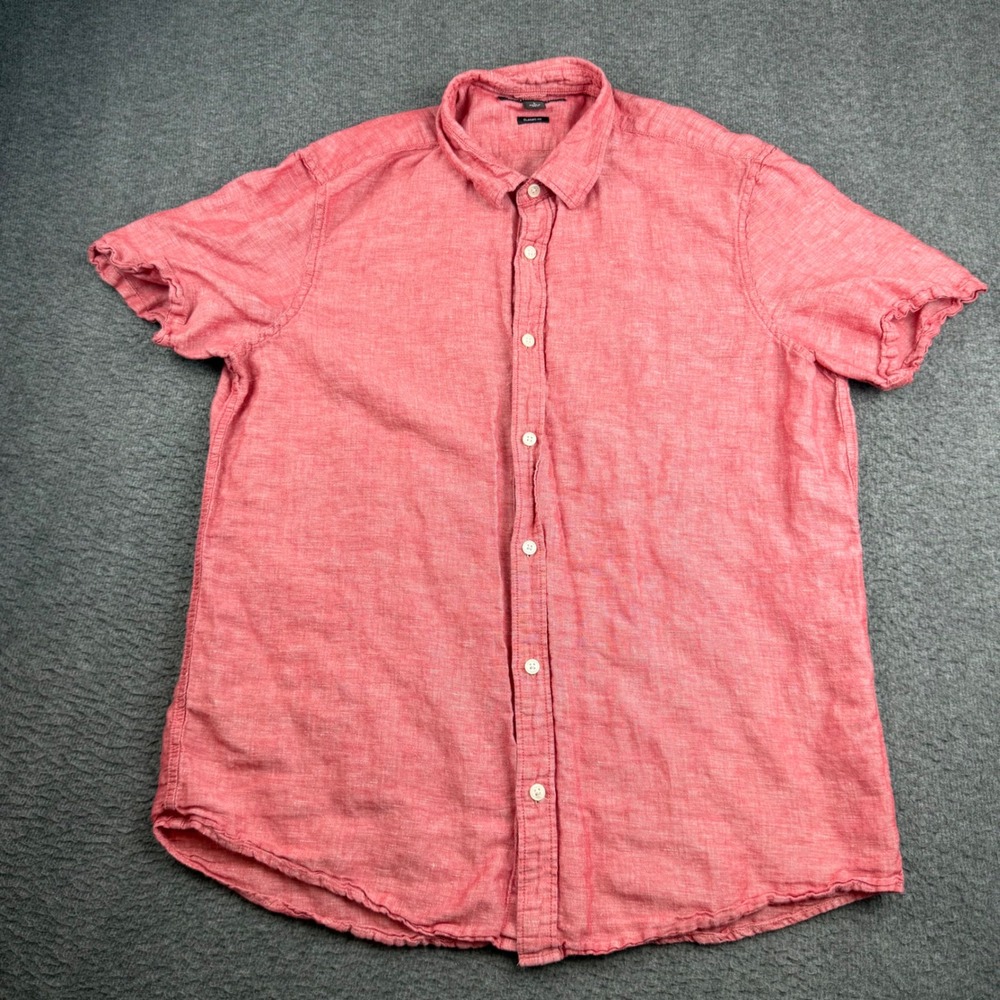 Michael Kors Button Down Men's Large Coral Linen Cotton Short Sleeve Classic Fit